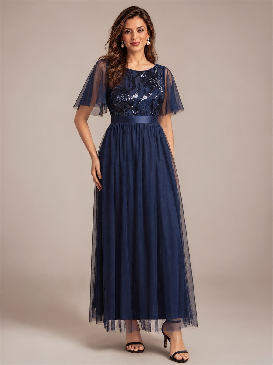 Sequin See-Through Ruffle Sleeve Evening Dress #color_Navy Blue