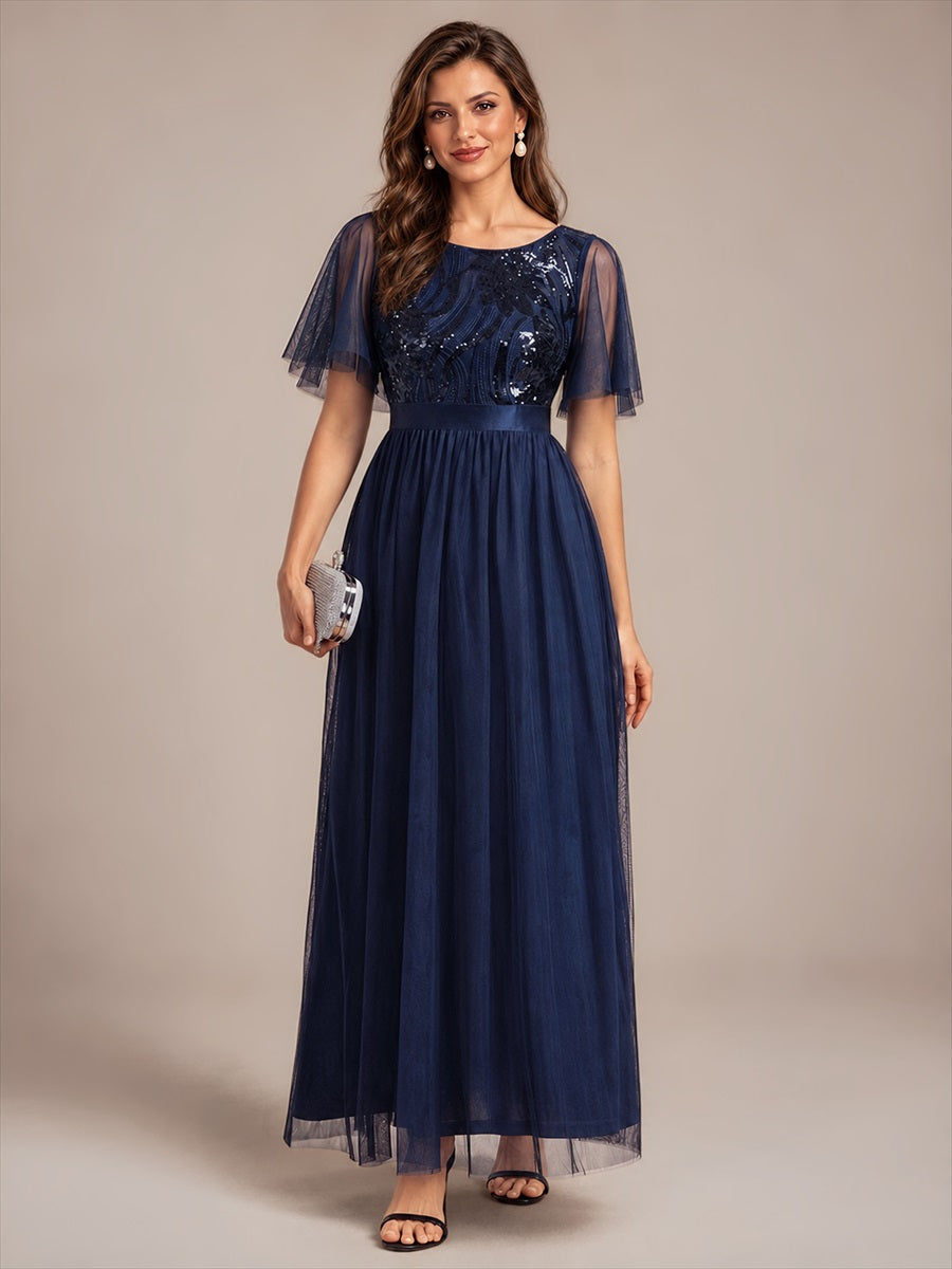 Sequin See-Through Ruffle Sleeve Evening Dress #color_Navy Blue