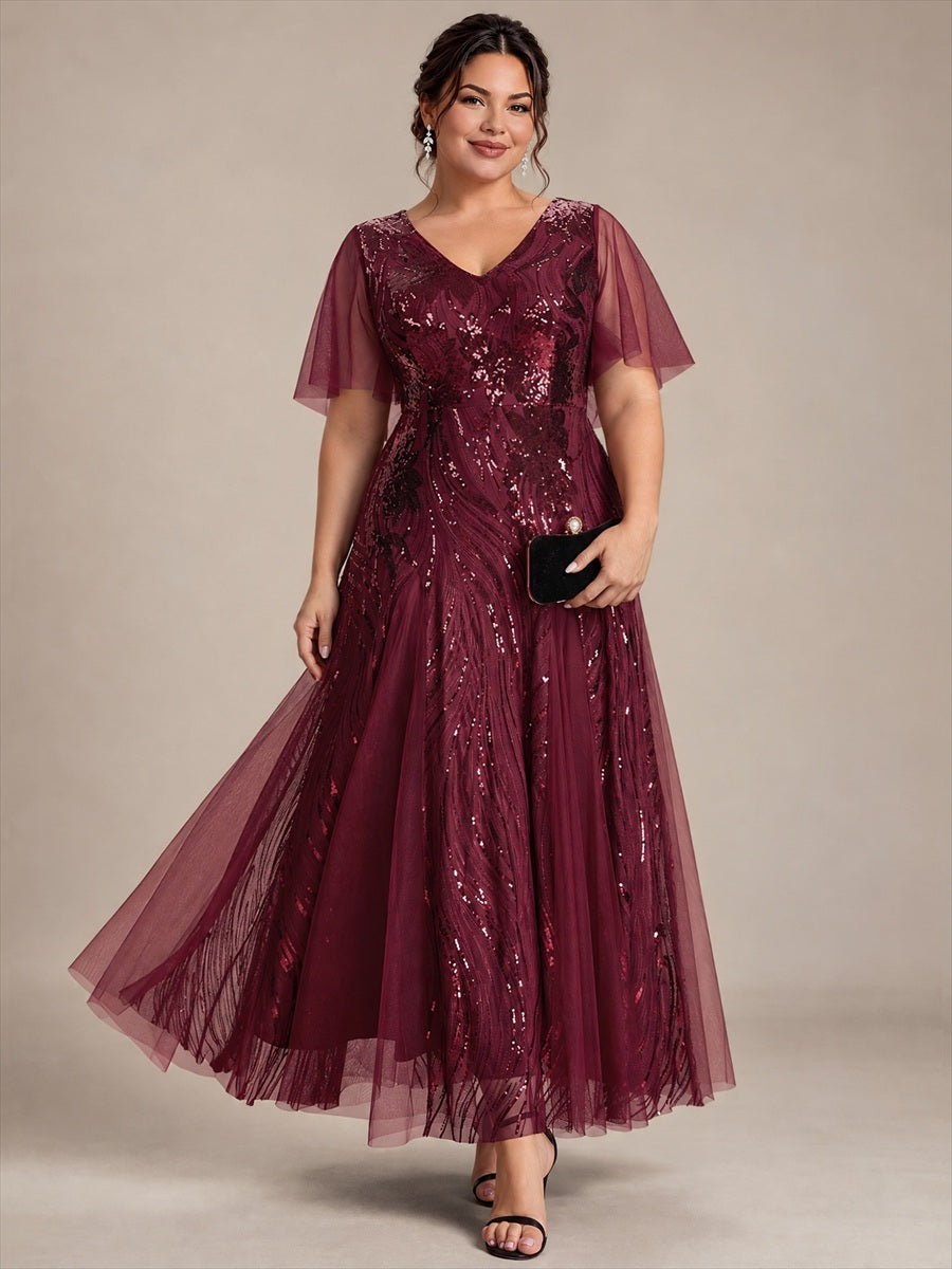 Sequin Tulle Ruffle Sleeve Maxi Evening Dress #color_Burgundy