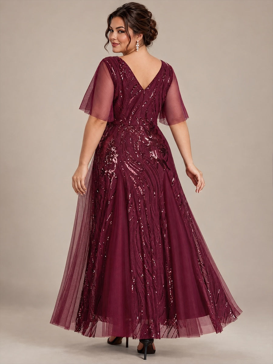 Plus Size Sequin Ruffle Sleeve Evening Dress #color_Burgundy