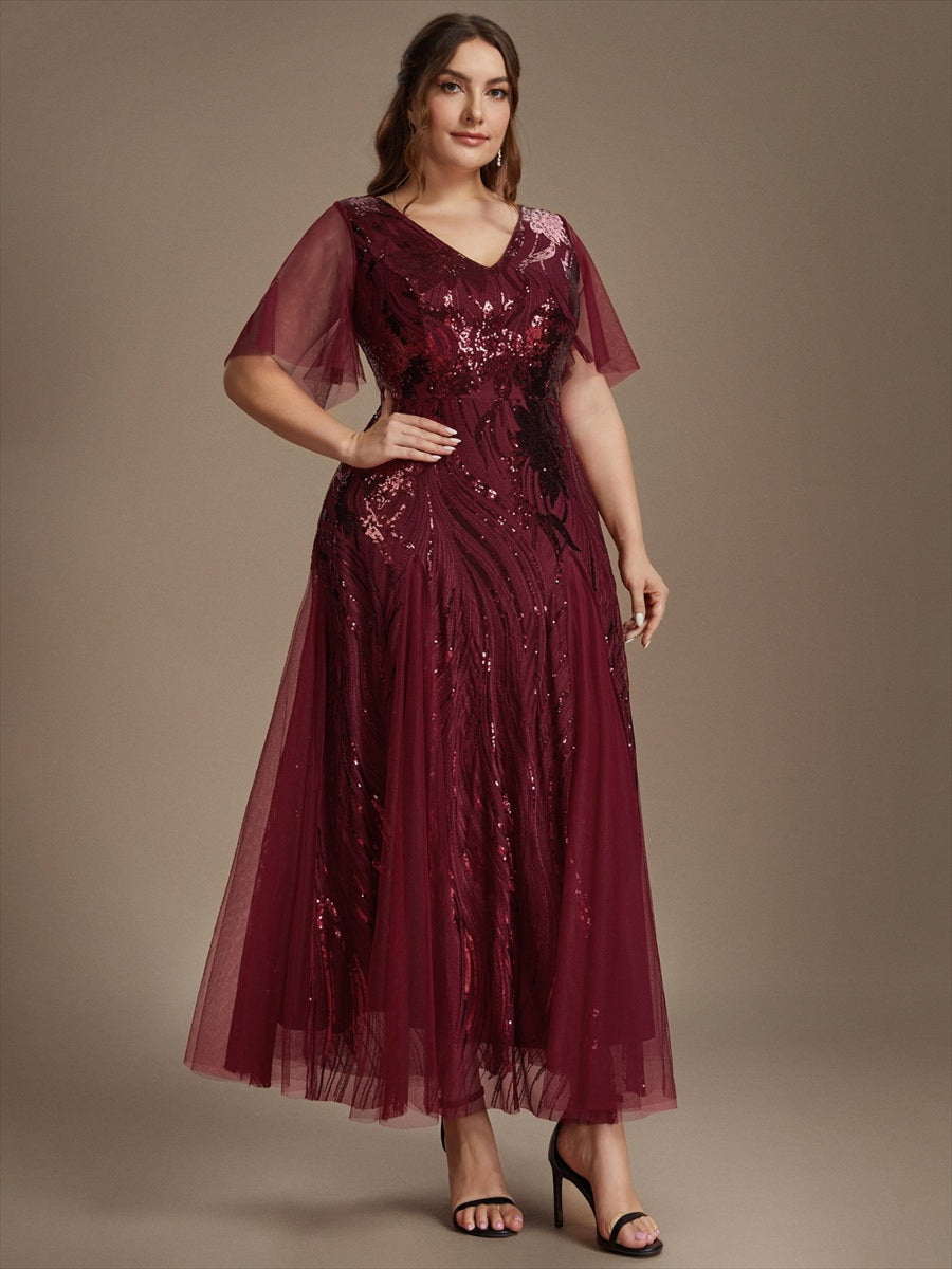 Sequin Tulle Ruffle Sleeve Maxi Evening Dress #color_Burgundy