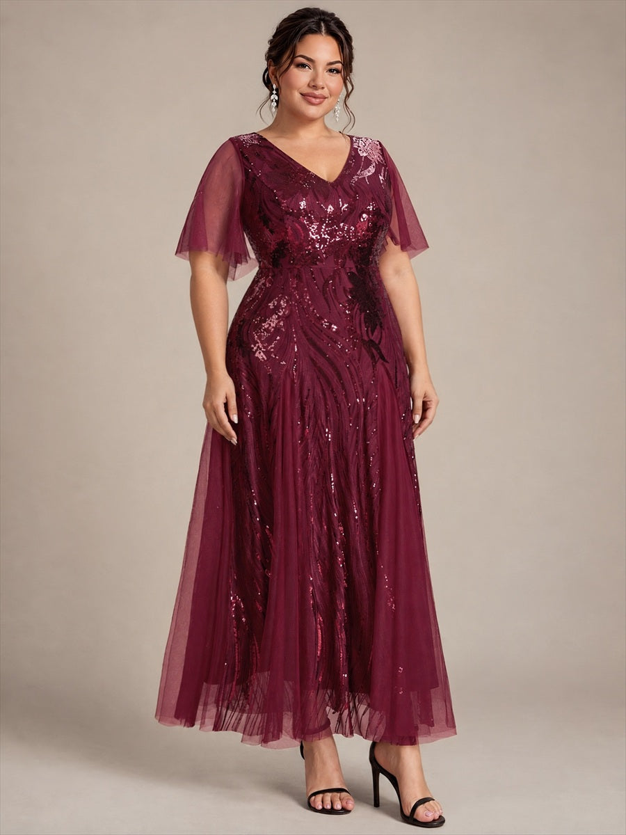 Plus Size Sequin Ruffle Sleeve Evening Dress #color_Burgundy
