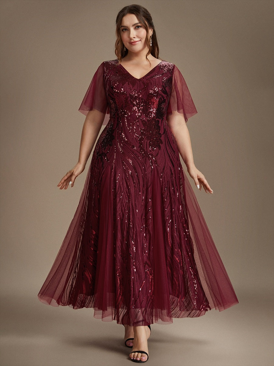 Plus Size Sequin Ruffle Sleeve Evening Dress #color_Burgundy