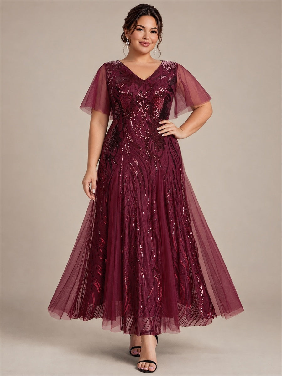 Plus Size Sequin Ruffle Sleeve Evening Dress #color_Burgundy