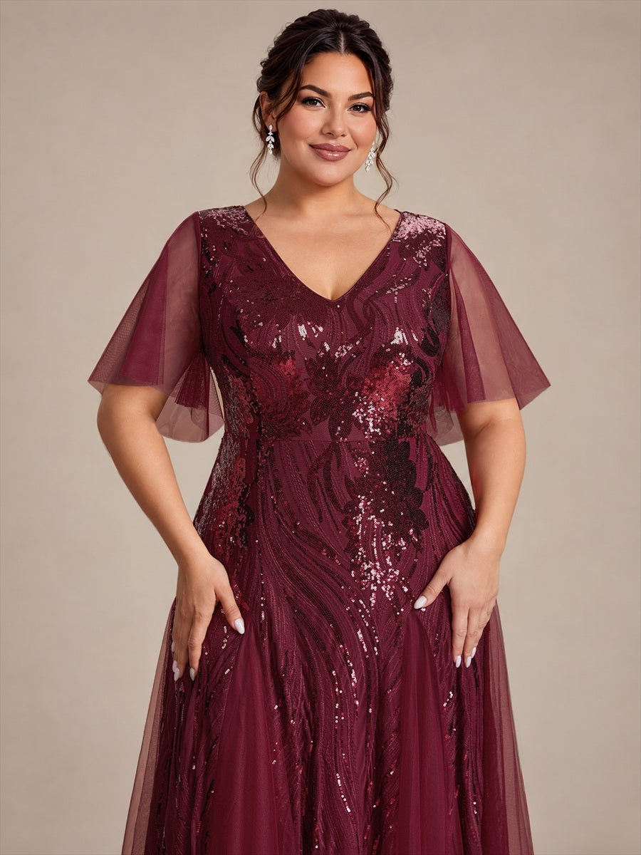 Plus Size Sequin Ruffle Sleeve Evening Dress #color_Burgundy