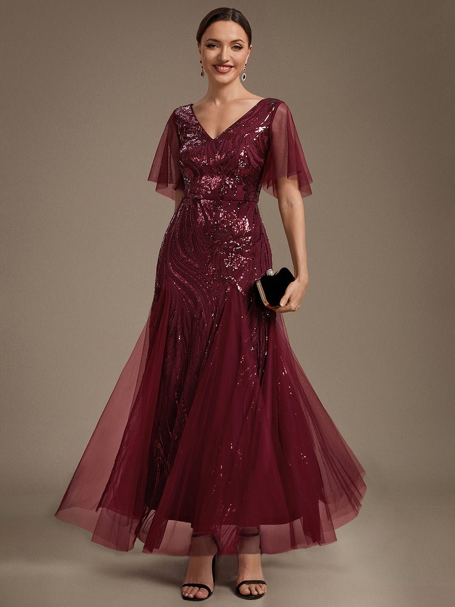 Sequin Tulle Ruffle Sleeve Maxi Evening Dress #color_Burgundy
