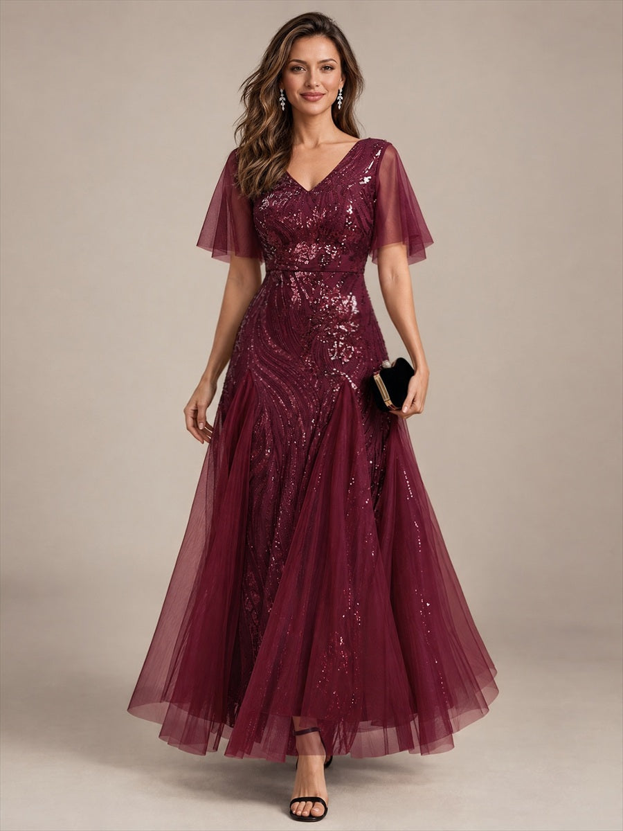 Sequin Tulle Ruffle Sleeve Maxi Evening Dress #color_Burgundy