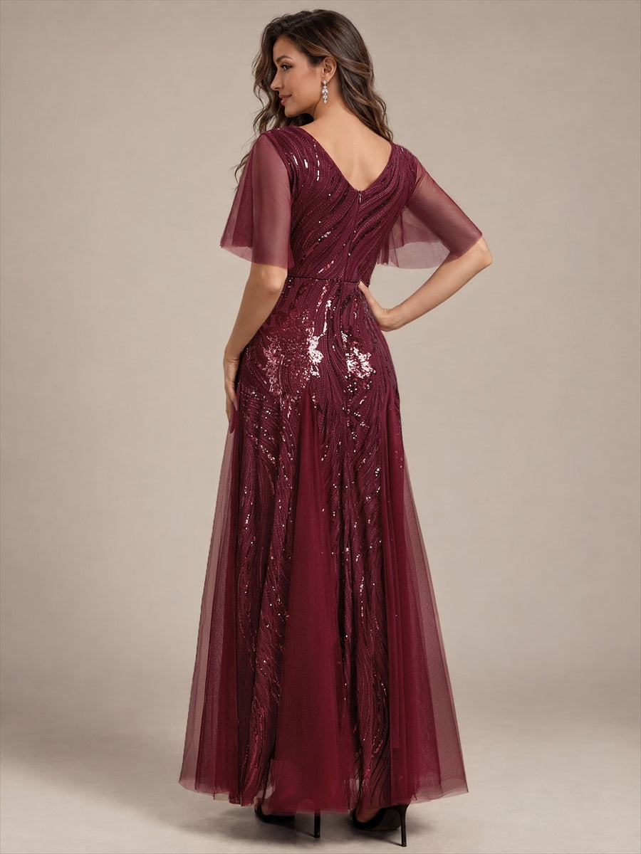 Sequin Tulle Ruffle Sleeve Maxi Evening Dress #color_Burgundy