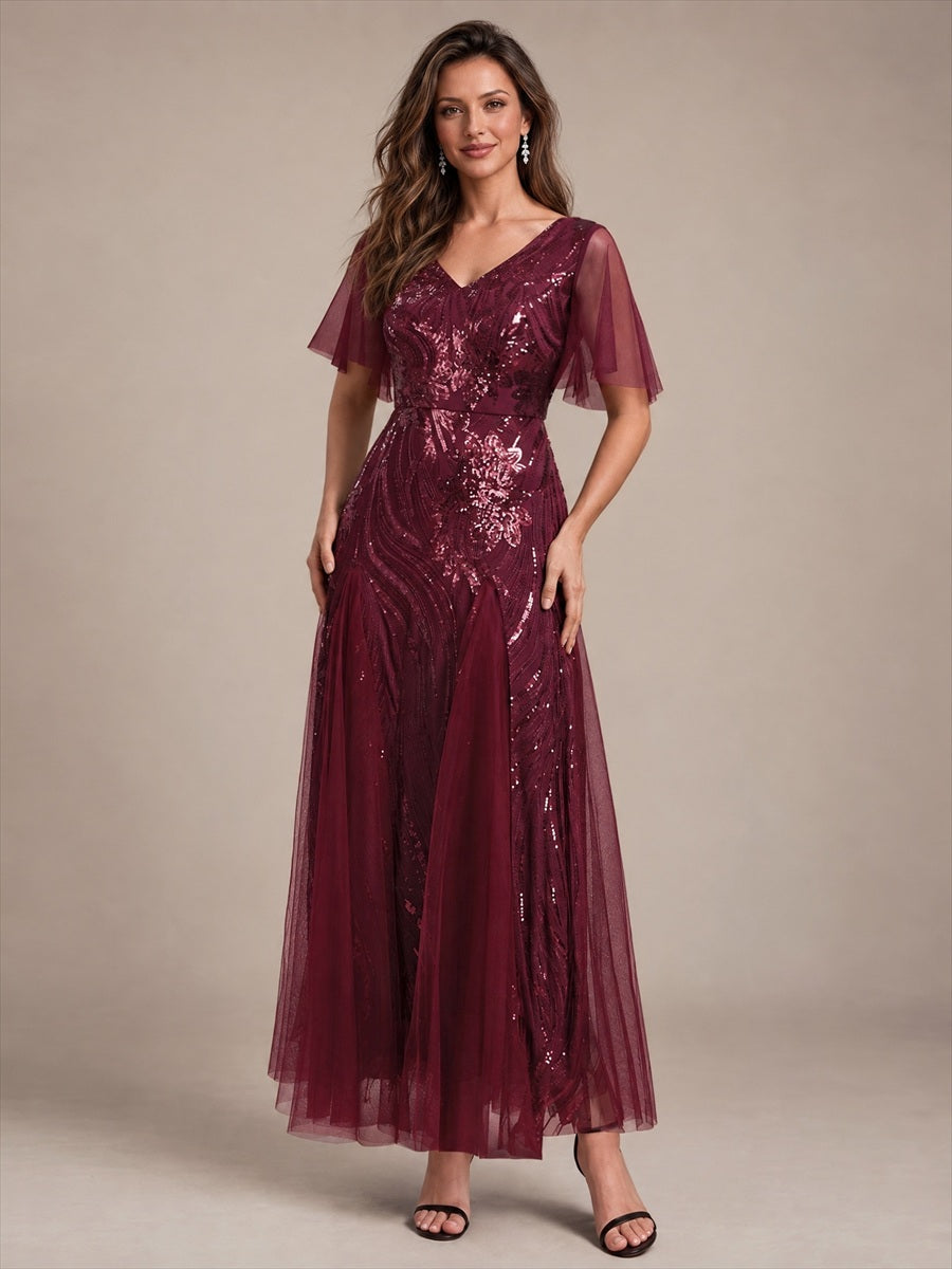Sequin Tulle Ruffle Sleeve Maxi Evening Dress #color_Burgundy