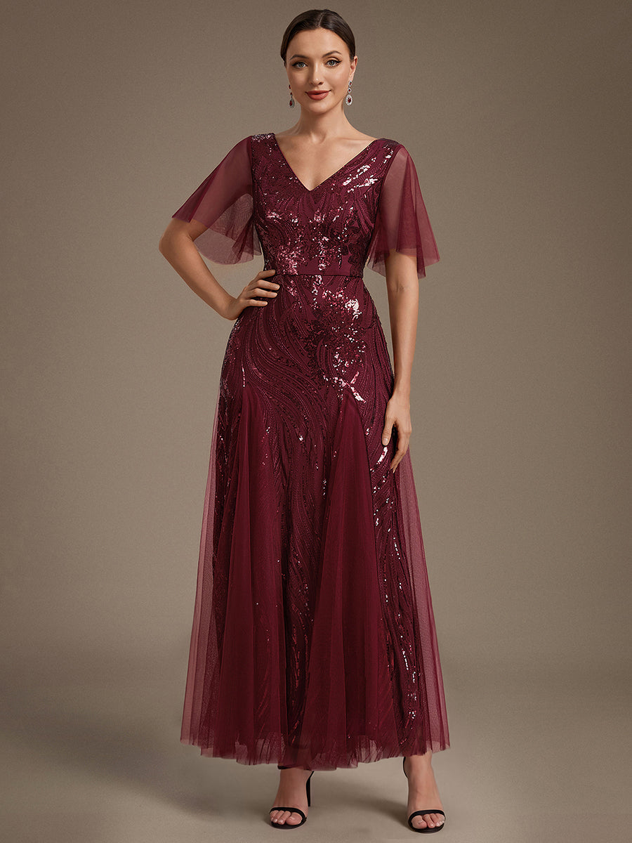 Sequin Tulle Ruffle Sleeve Maxi Evening Dress #color_Burgundy