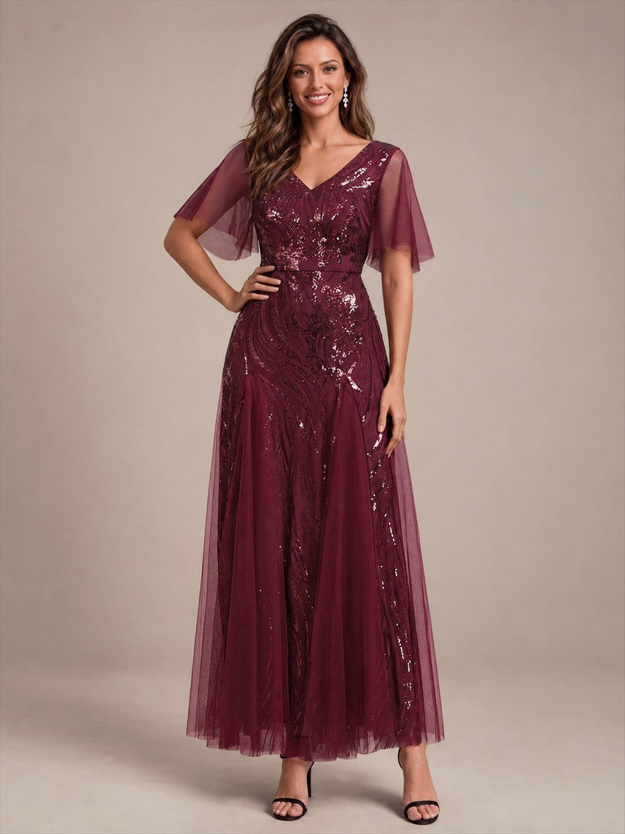 Sequin Tulle Ruffle Sleeve Maxi Evening Dress #color_Burgundy