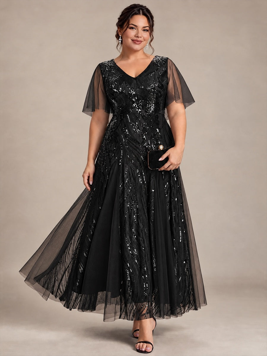 Plus Size Sequin Ruffle Sleeve Evening Dress #color_Black