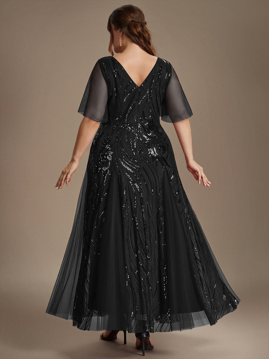 Plus Size Sequin Ruffle Sleeve Evening Dress #color_Black