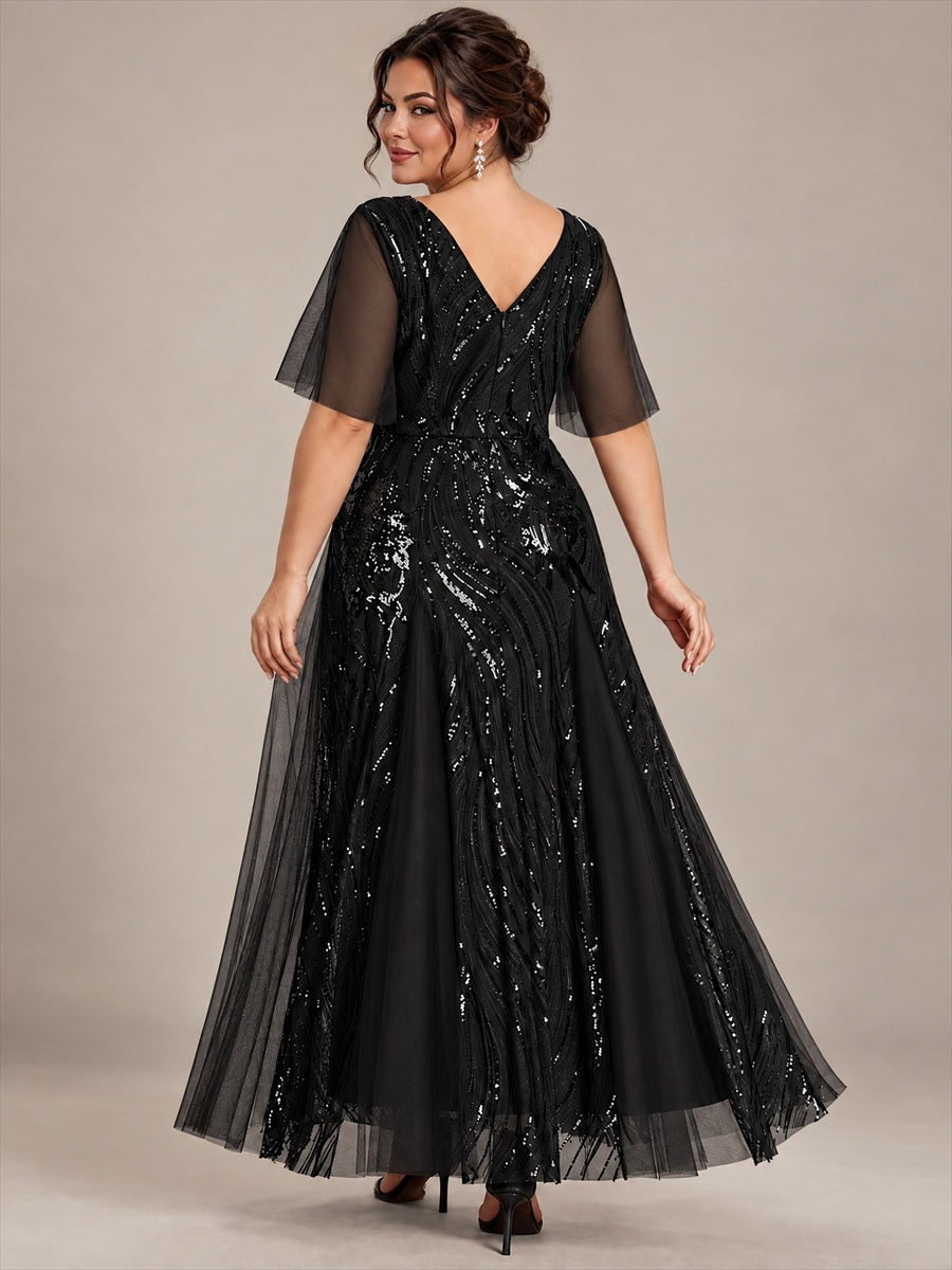 Sequin Tulle Ruffle Sleeve Maxi Evening Dress #color_Black