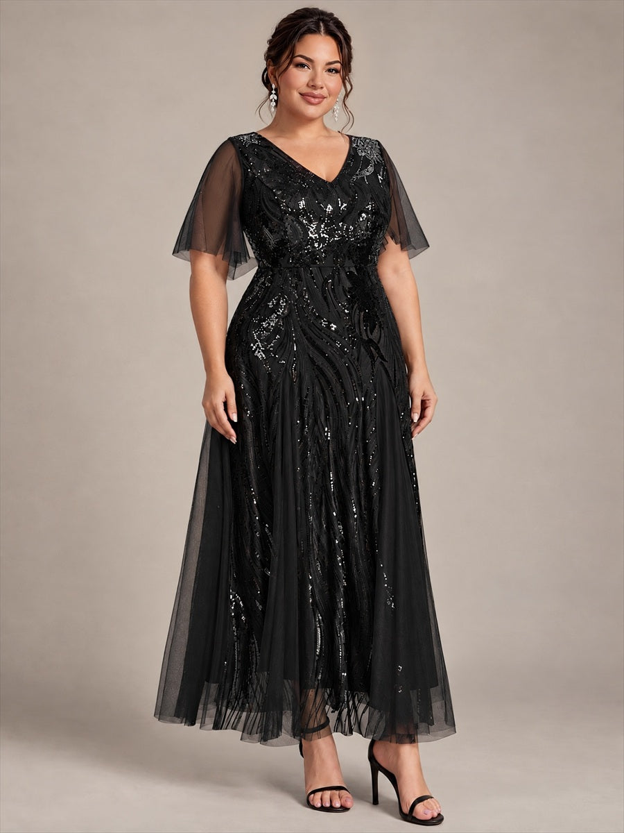 Plus Size Sequin Ruffle Sleeve Evening Dress #color_Black