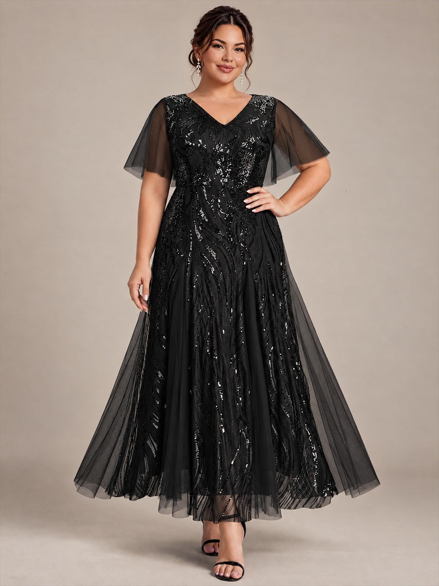 Plus Size Sequin Ruffle Sleeve Evening Dress #color_Black