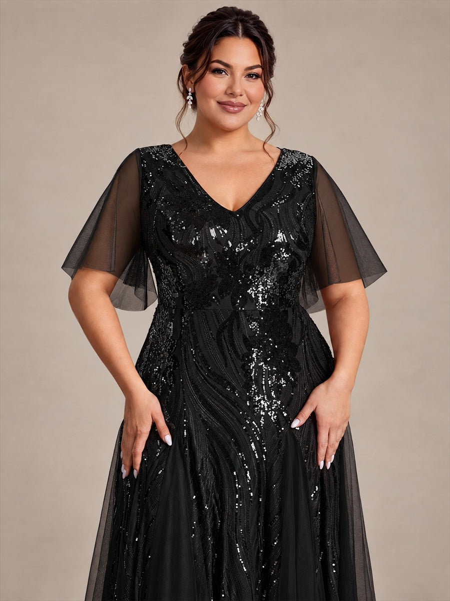 Plus Size Sequin Ruffle Sleeve Evening Dress #color_Black