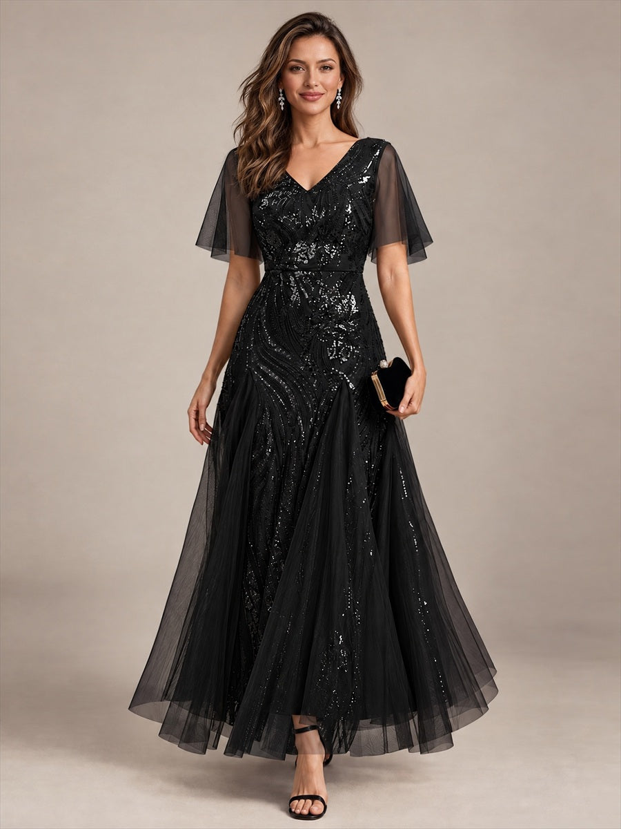 Sequin Tulle Ruffle Sleeve Maxi Evening Dress #color_Black