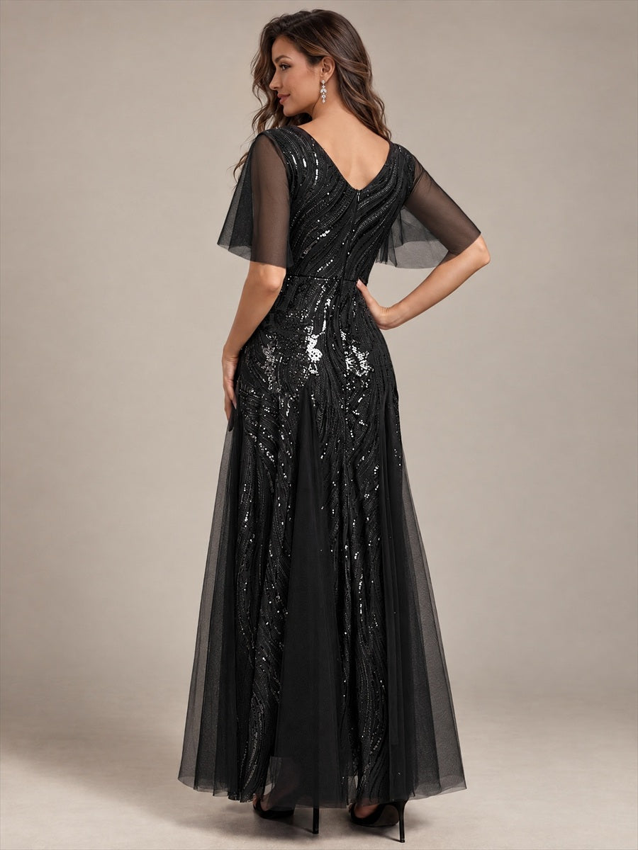 Sequin Tulle Ruffle Sleeve Maxi Evening Dress #color_Black