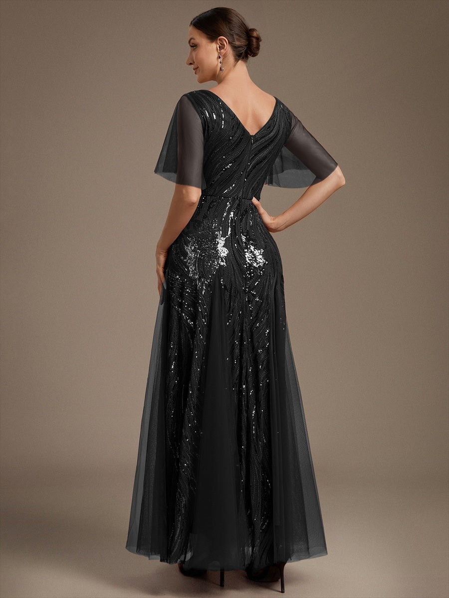 Sequin Tulle Ruffle Sleeve Maxi Evening Dress #color_Black