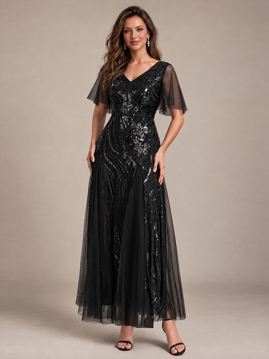 Sequin Tulle Ruffle Sleeve Maxi Evening Dress #color_Black