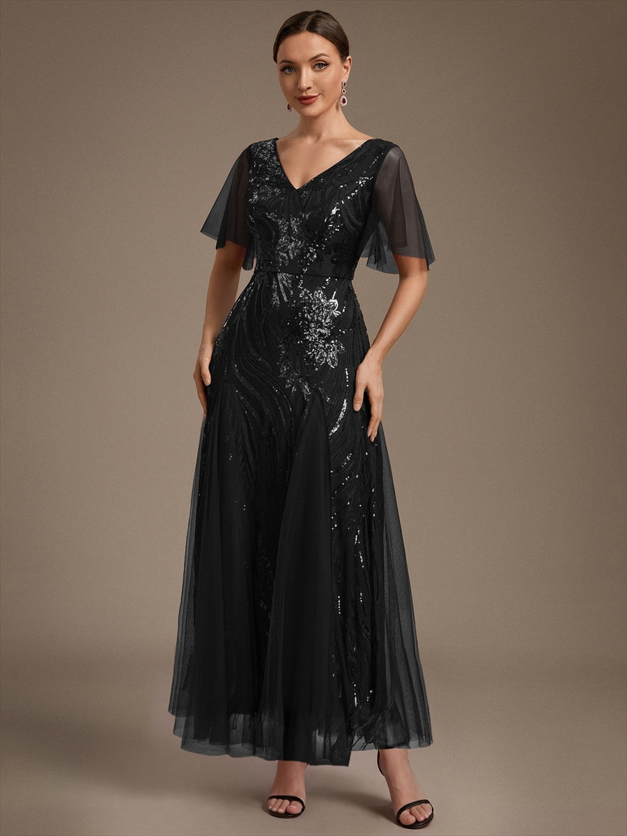 Sequin Tulle Ruffle Sleeve Maxi Evening Dress #color_Black