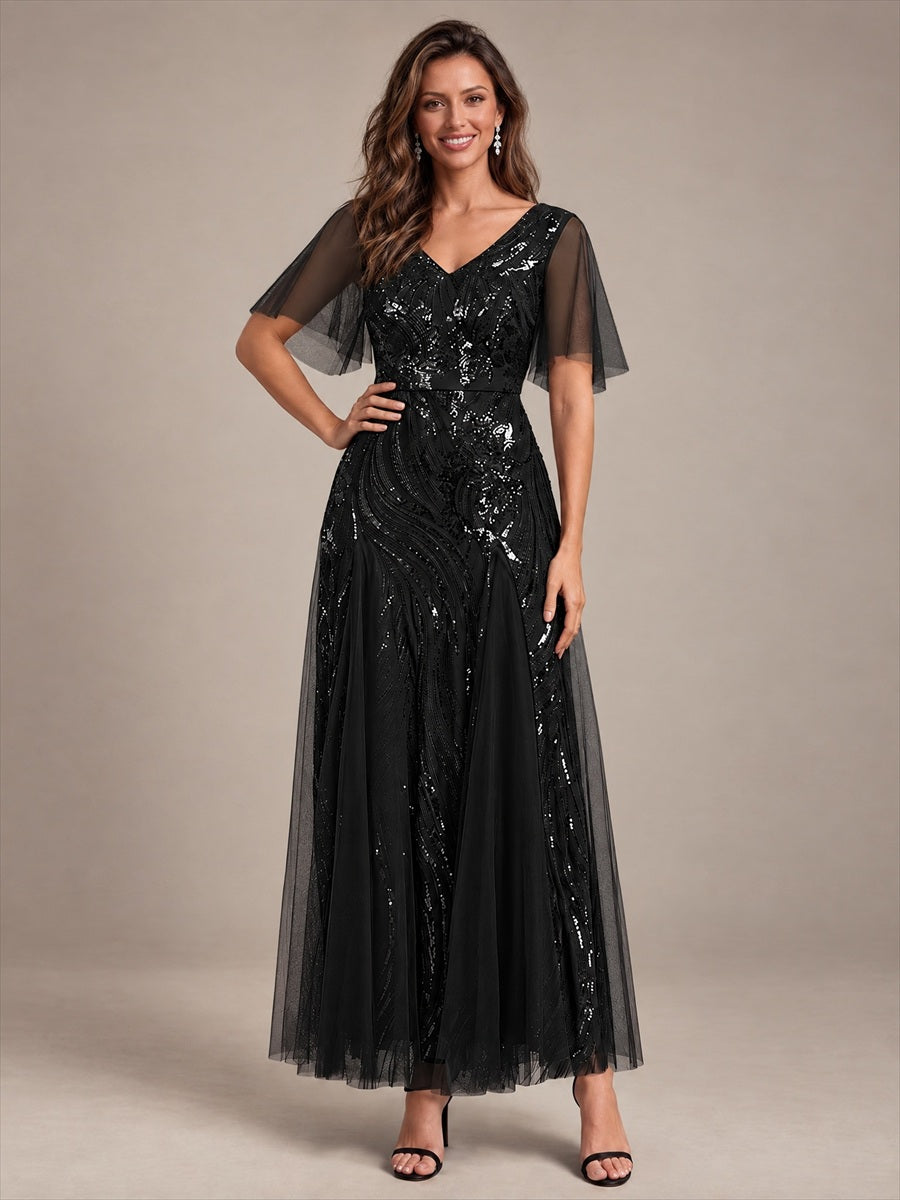 Sequin Tulle Ruffle Sleeve Maxi Evening Dress #color_Black
