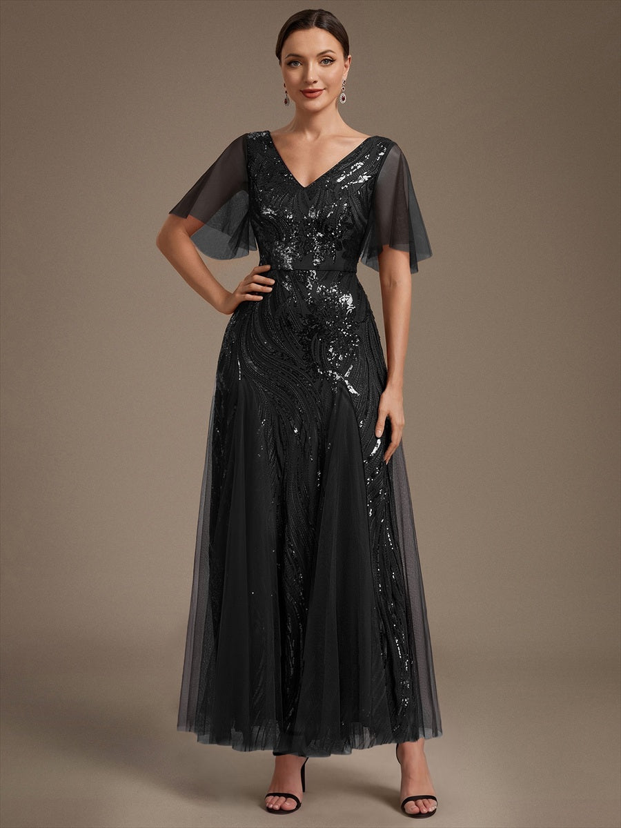 Sequin Tulle Ruffle Sleeve Maxi Evening Dress #color_Black