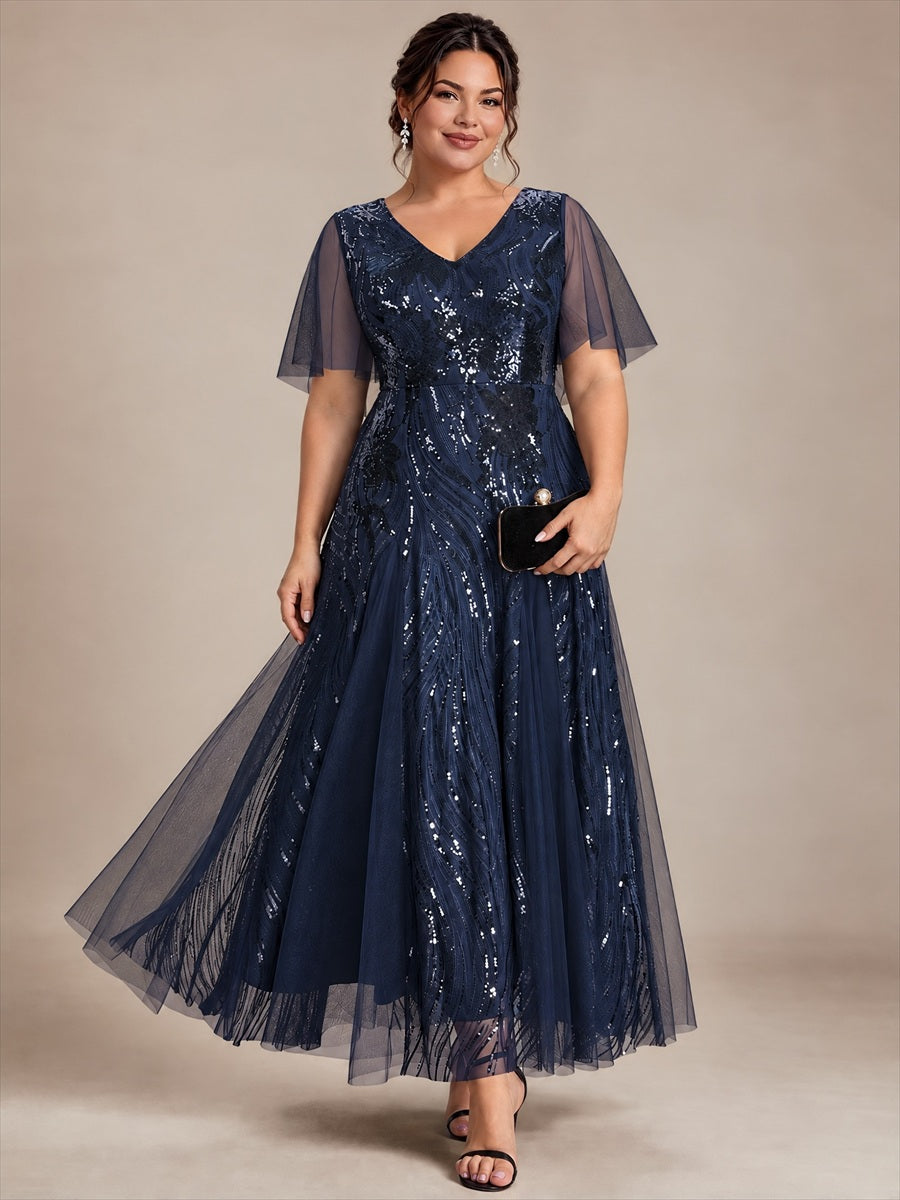 Plus Size Sequin Ruffle Sleeve Evening Dress #color_Navy Blue