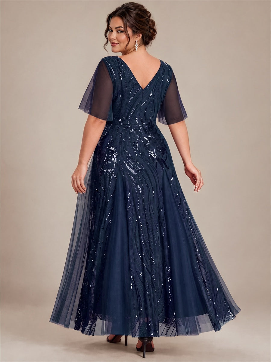 Sequin Tulle Ruffle Sleeve Maxi Evening Dress #color_Navy Blue