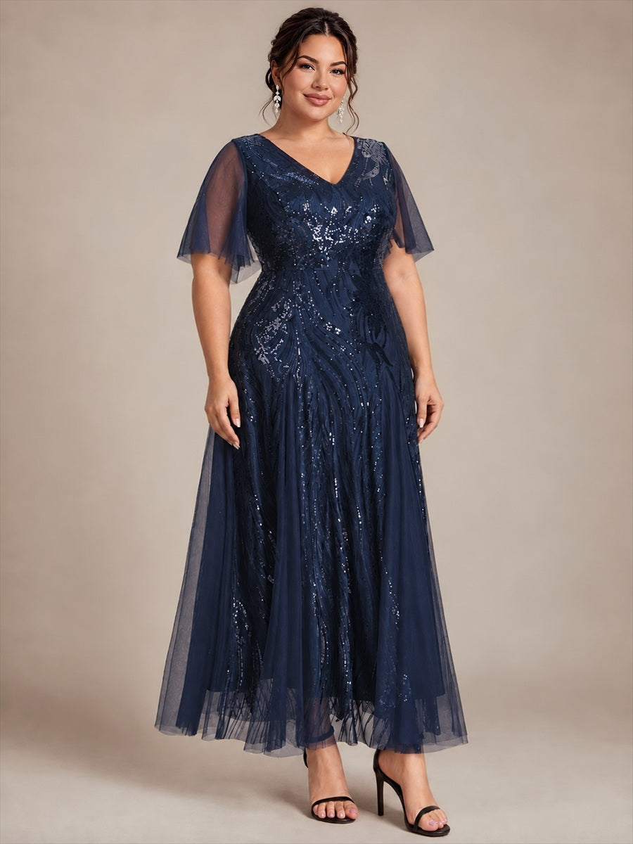 Plus Size Sequin Ruffle Sleeve Evening Dress #color_Navy Blue