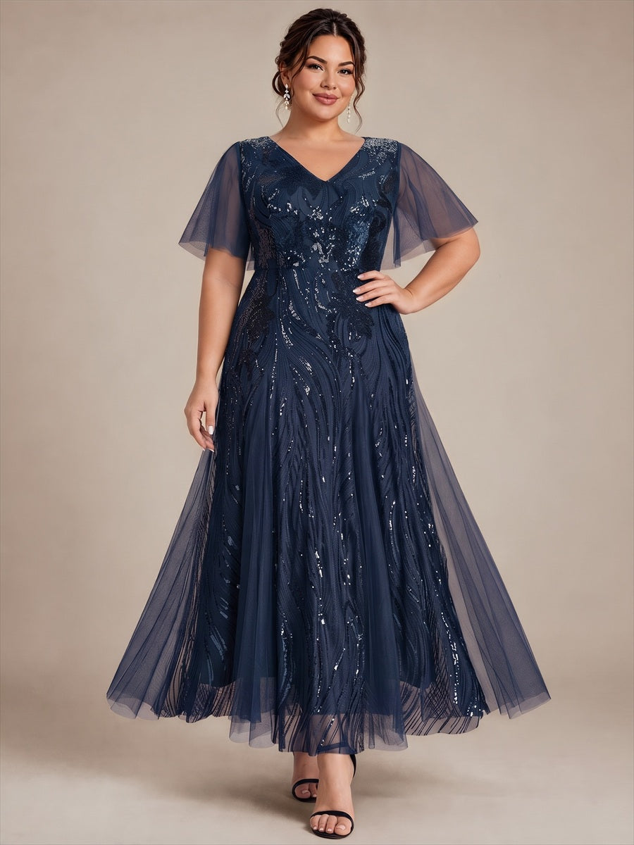 Plus Size Sequin Ruffle Sleeve Evening Dress #color_Navy Blue