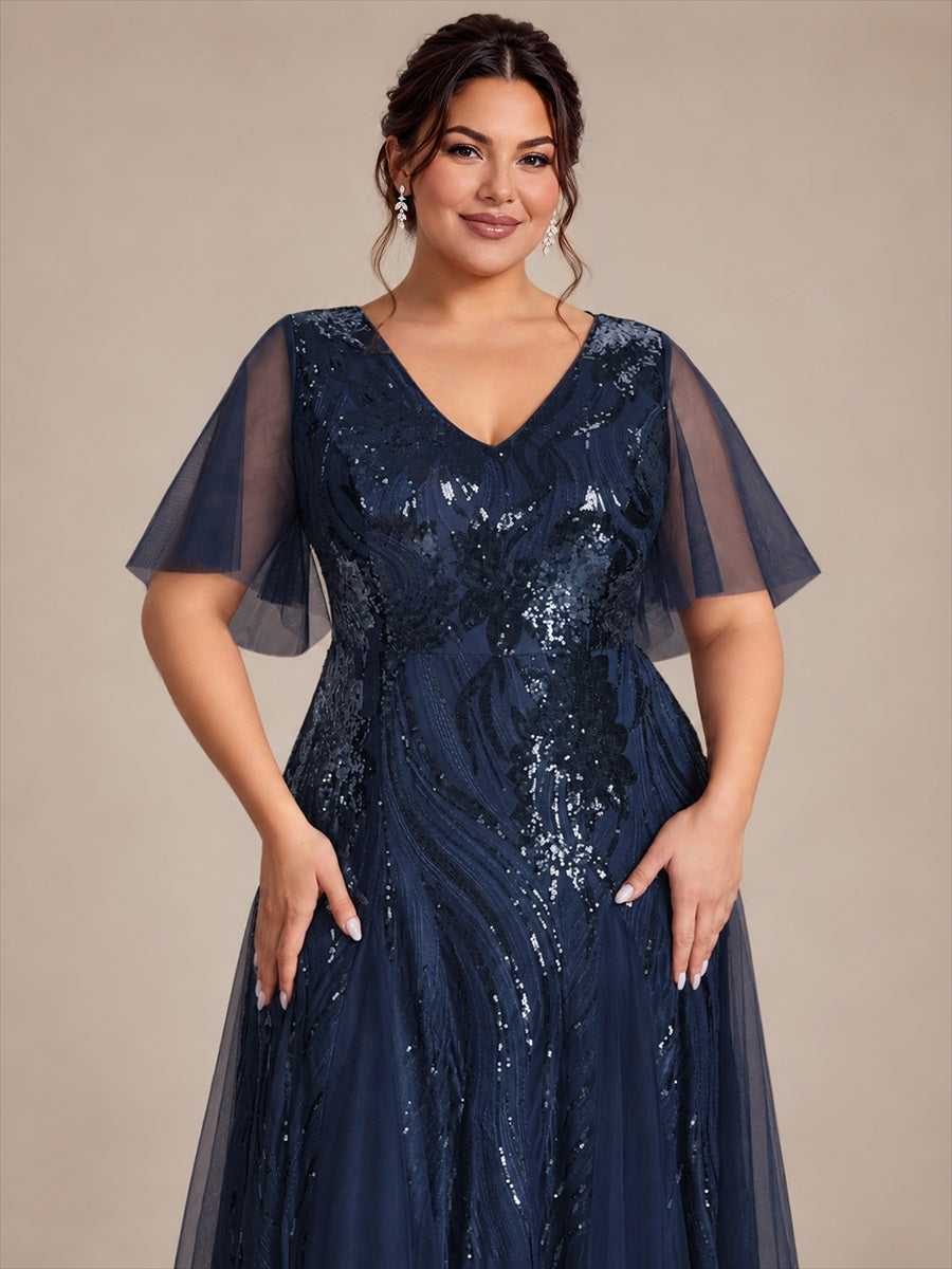 Sequin Tulle Ruffle Sleeve Maxi Evening Dress #color_Navy Blue