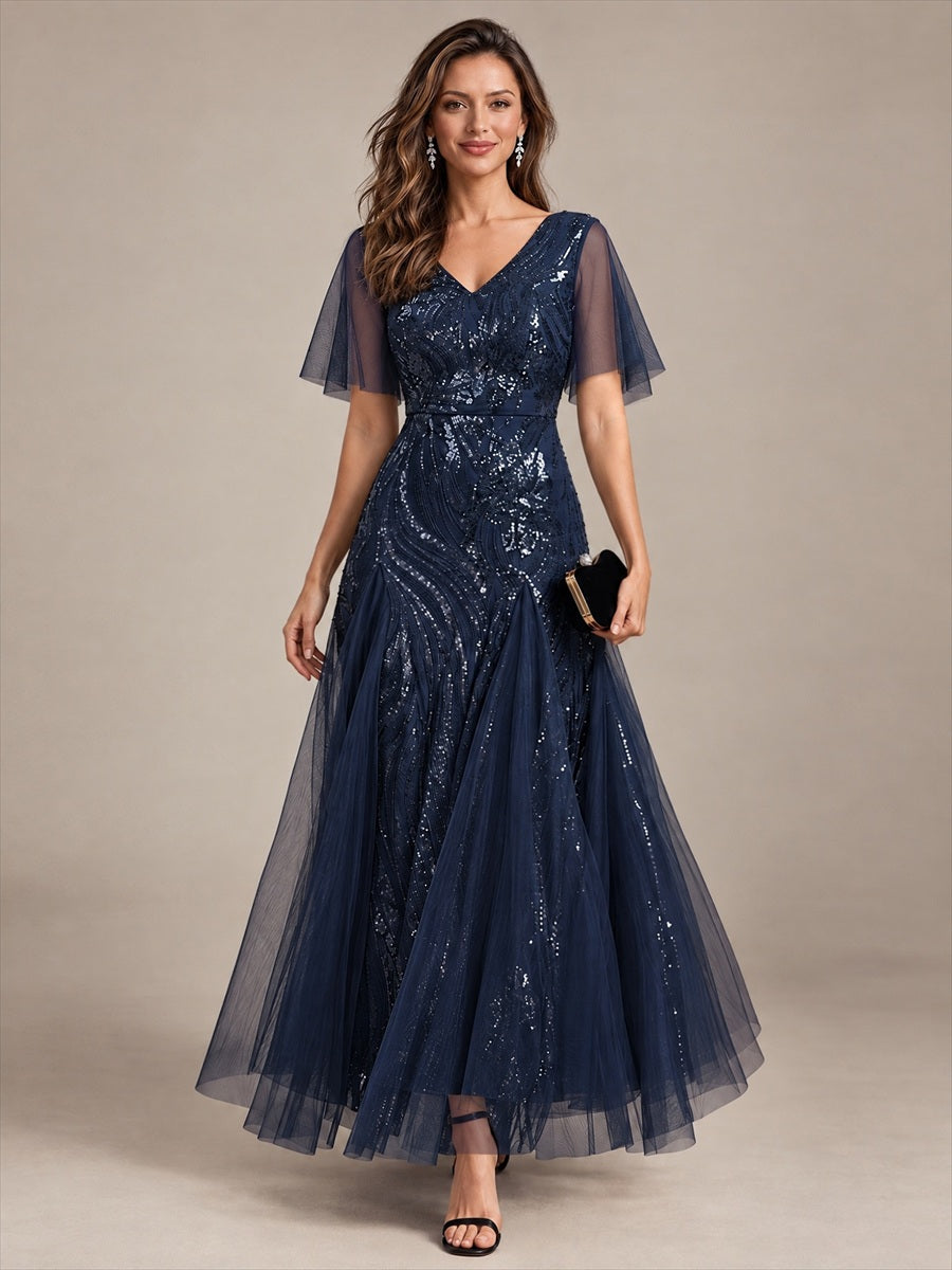 Sequin Tulle Ruffle Sleeve Maxi Evening Dress #color_Navy Blue