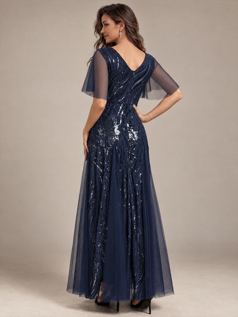 Sequin Tulle Ruffle Sleeve Maxi Evening Dress #color_Navy Blue