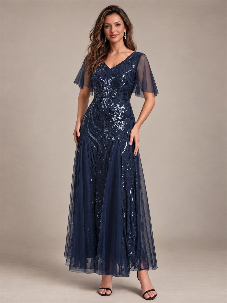 Sequin Tulle Ruffle Sleeve Maxi Evening Dress #color_Navy Blue