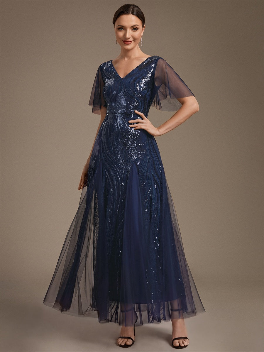 Sequin Tulle Ruffle Sleeve Maxi Evening Dress #color_Navy Blue