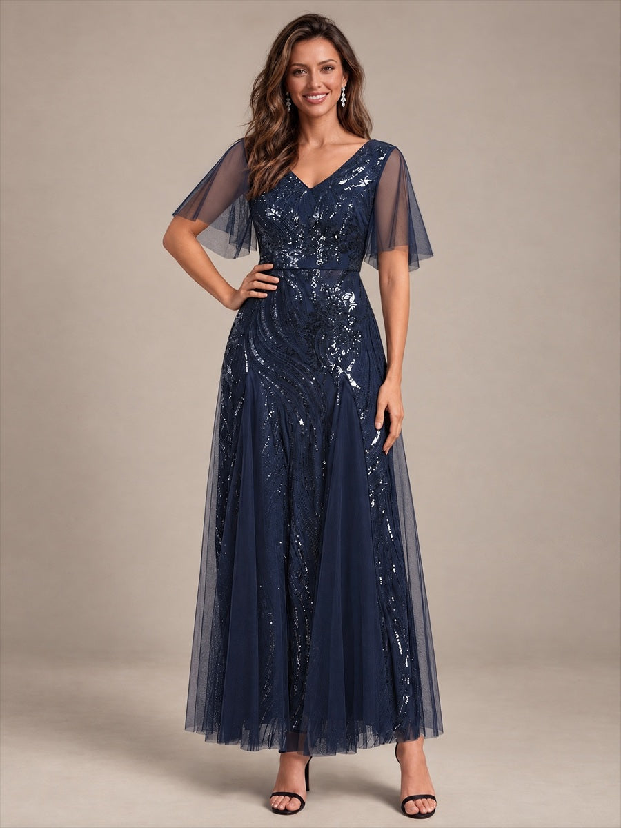 Sequin Tulle Ruffle Sleeve Maxi Evening Dress #color_Navy Blue