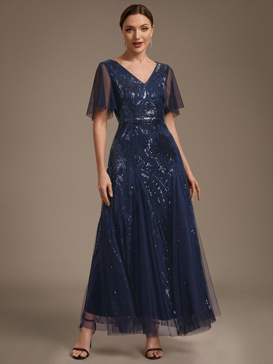 Sequin Tulle Ruffle Sleeve Maxi Evening Dress #color_Navy Blue