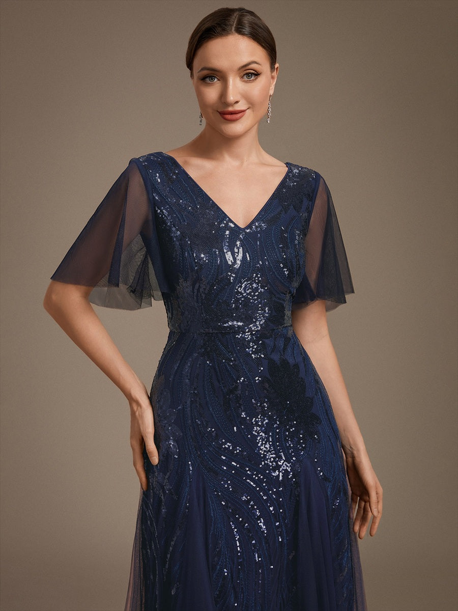 Sequin Tulle Ruffle Sleeve Maxi Evening Dress #color_Navy Blue