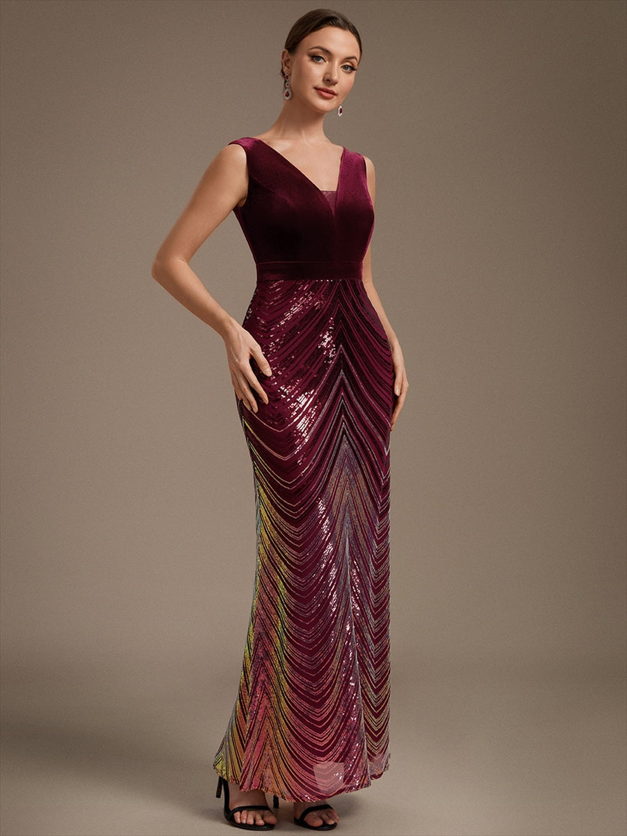 Sequins Sleeveless Mermaid Evening Dress #color_Burgundy