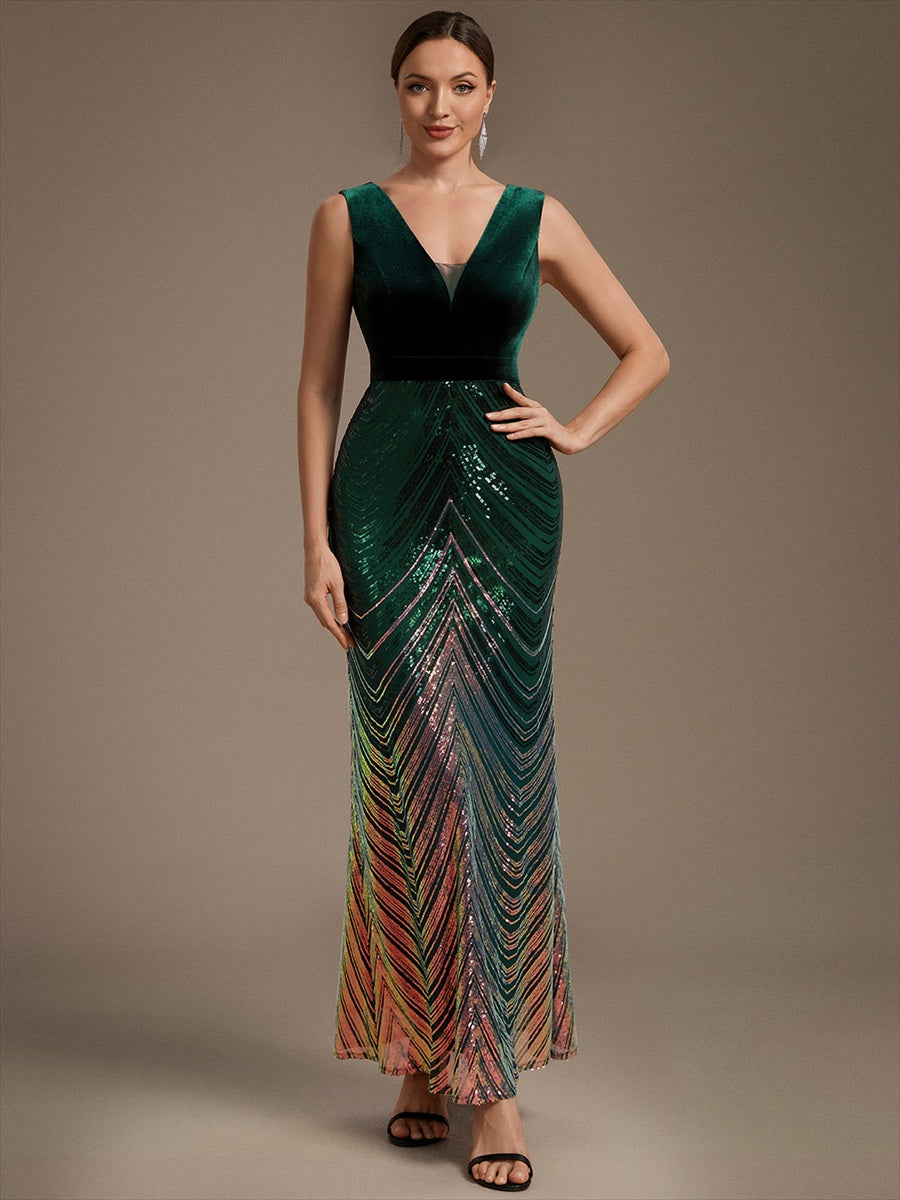 Sequins Sleeveless Mermaid Evening Dress #color_Dark Green