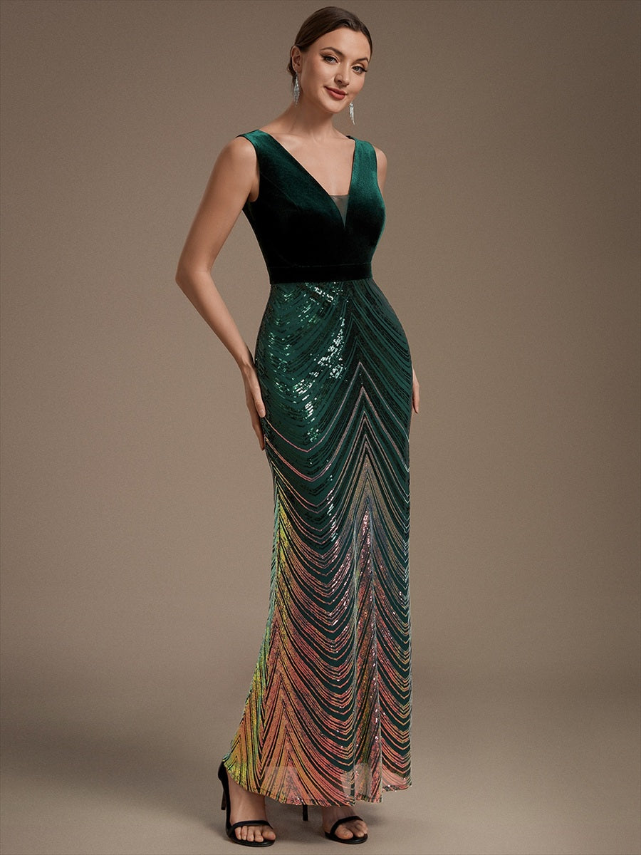 Sequins Sleeveless Mermaid Evening Dress #color_Dark Green