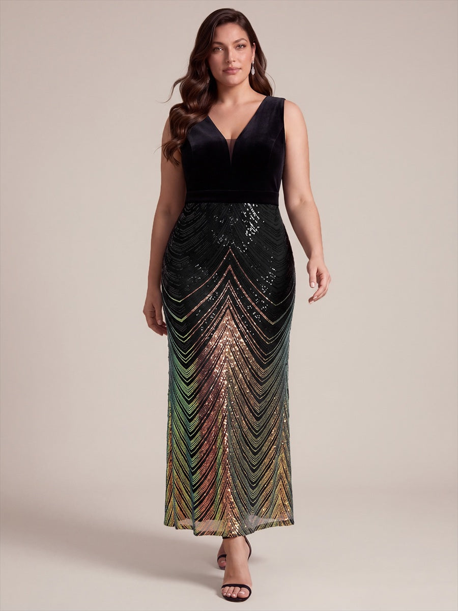 Sequins Sleeveless Mermaid Evening Dress #color_Midnight Black&Gold