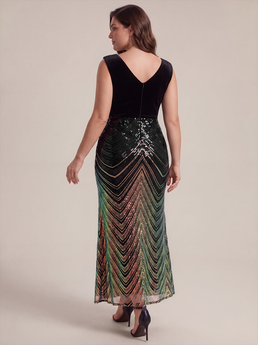 Plus Size Sequins Sleeveless Mermaid Formal Dress #color_Midnight Black&Gold
