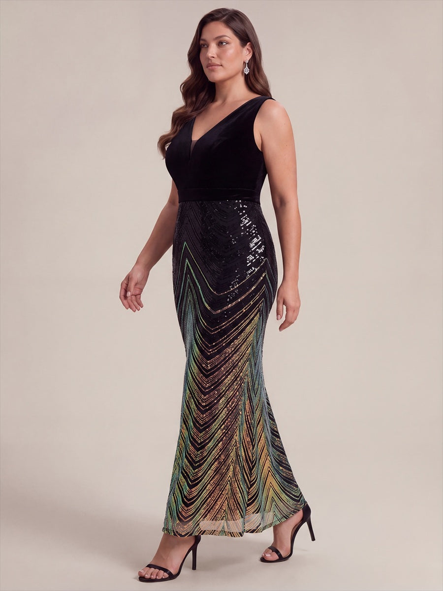 Plus Size Sequins Sleeveless Mermaid Formal Dress #color_Midnight Black&Gold