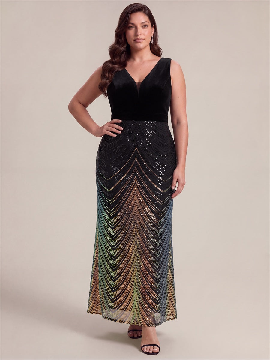 Plus Size Sequins Sleeveless Mermaid Formal Dress #color_Midnight Black&Gold