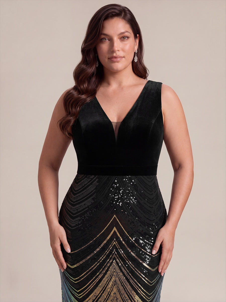 Sequins Sleeveless Mermaid Evening Dress #color_Midnight Black&Gold