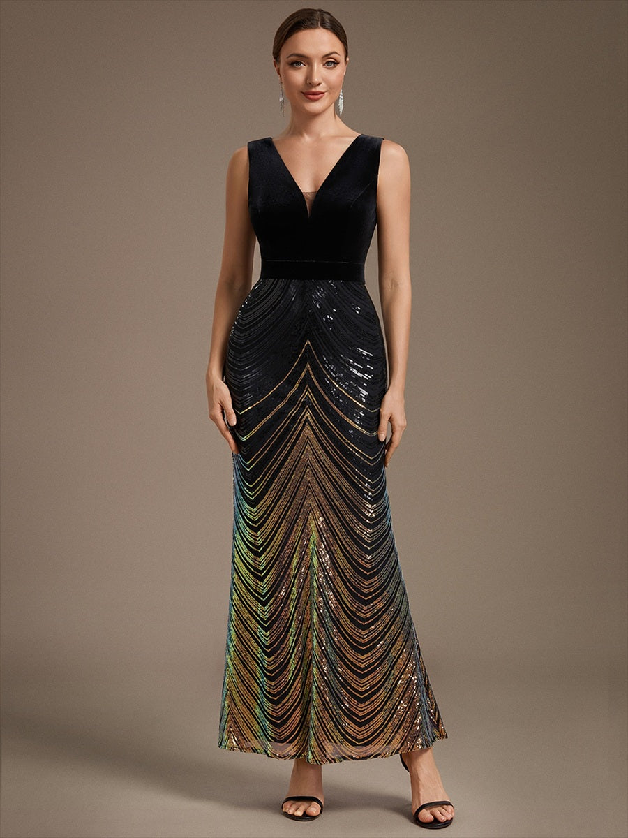 Sequins Sleeveless Mermaid Evening Dress #color_Black & Gold