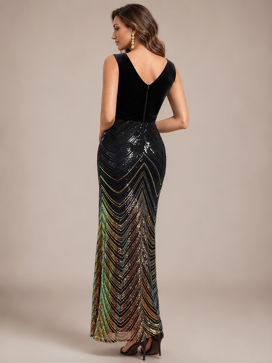 Sequins Sleeveless Mermaid Evening Dress #color_Midnight Black&Gold